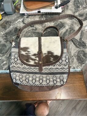 Myra Bag Brown and Cream Boho Crossbody with Hair-On Hide Flap